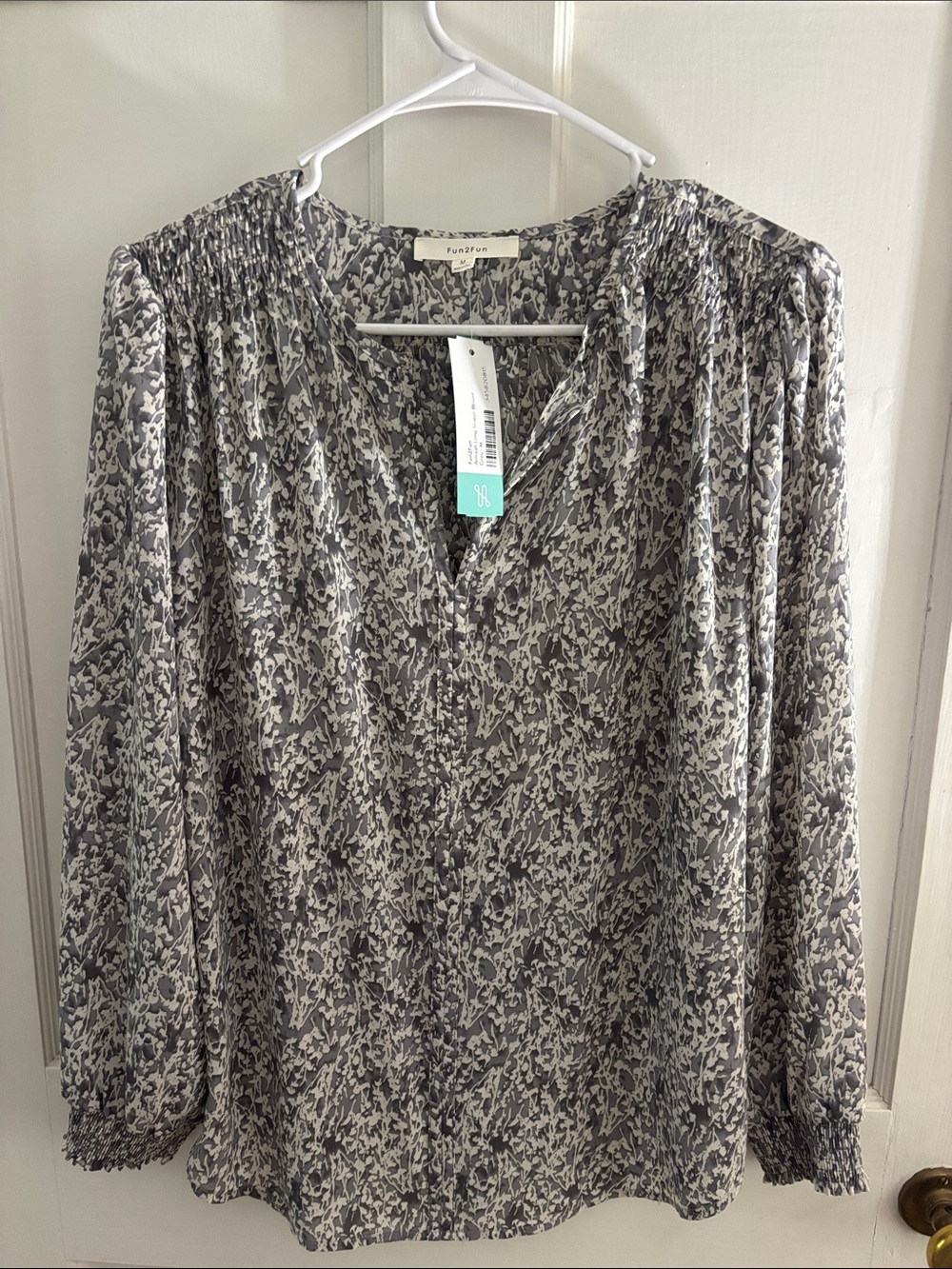 fun 2 fun Gray and White Floral V-Neck Smocked Blouse